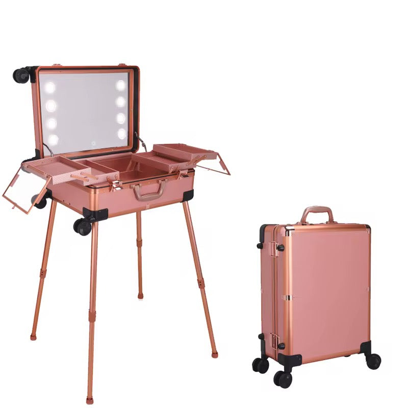 Makeup Trolley Case with LED Lights, Mirror & Adjustable Legs | Portable Vanity Station for Makeup Artists