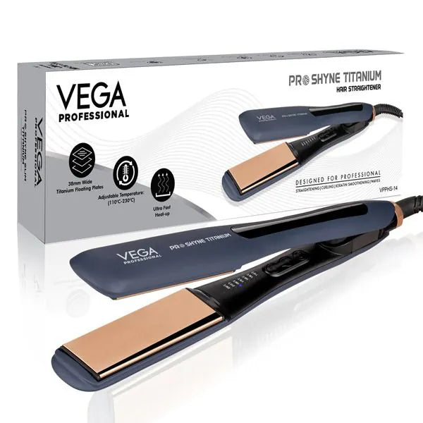 Vega Professional Pro-Shyne Titanium Hair Straightener with 38mm wide Rose Gold Titanium Floating Plates for Enhanced Shine - VPPHS-14