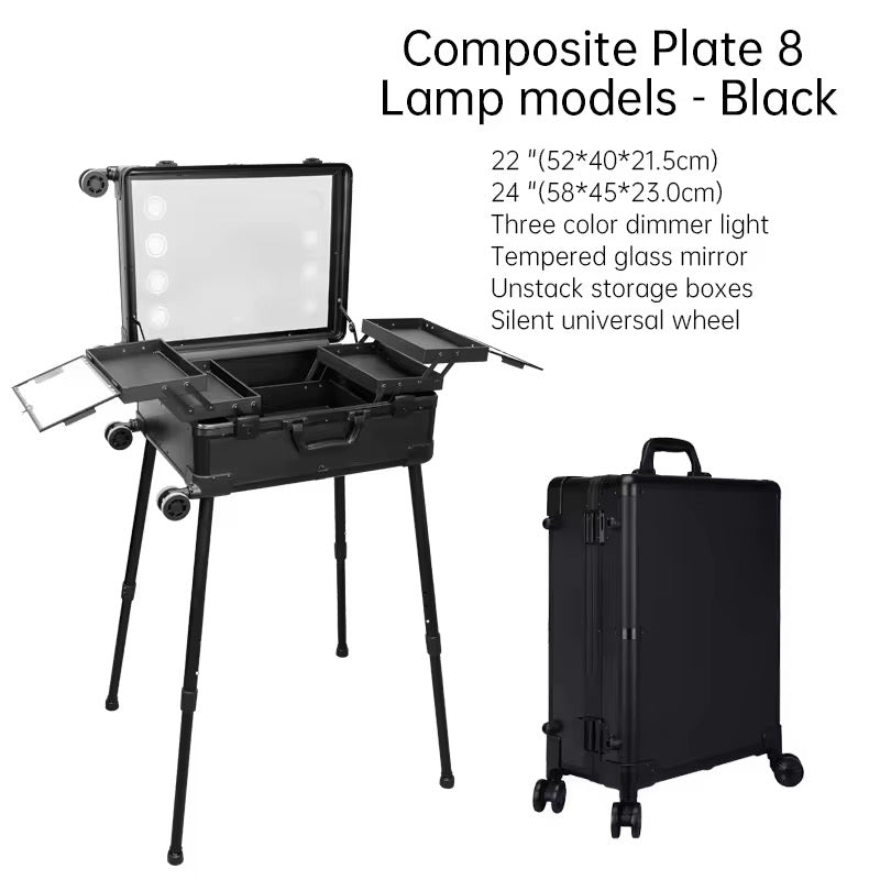 Makeup Trolley Case with LED Lights, Mirror & Adjustable Legs | Portable Vanity Station for Makeup Artists
