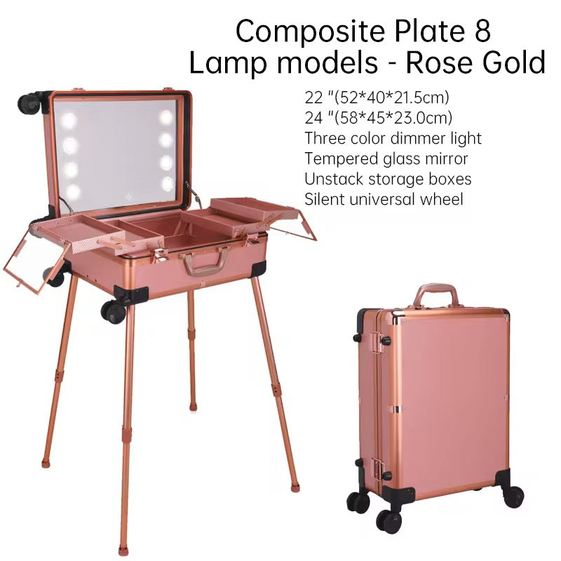 Makeup Trolley Case with LED Lights, Mirror & Adjustable Legs | Portable Vanity Station for Makeup Artists