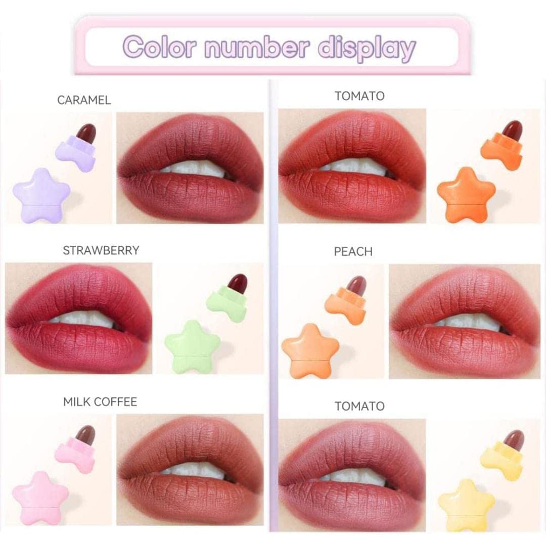 Nonstick 6 Colors Mini Star Matte Lipstick Matte Velvet Cute Lipstick Makeup Gift Set for Women and Girls.