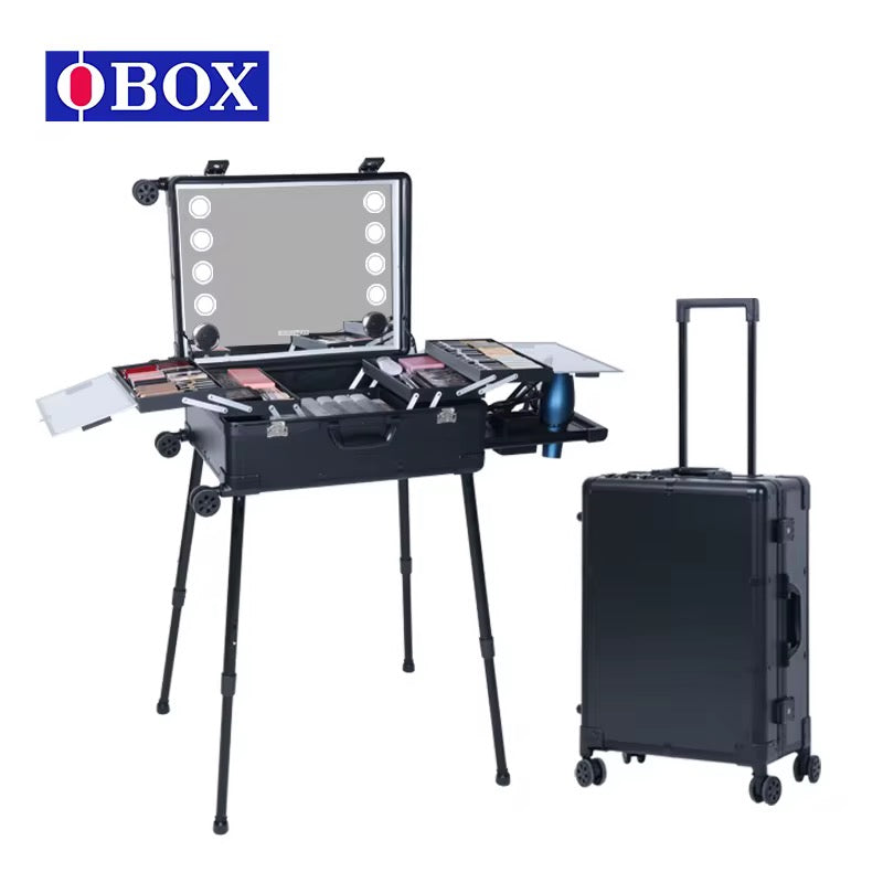 Makeup Trolley Case with LED Lights, Mirror & Adjustable Legs | Portable Vanity Station for Makeup Artists