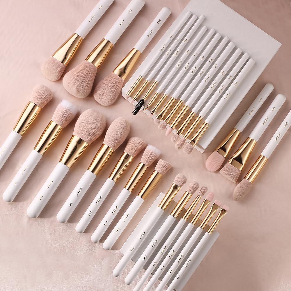 BEILI Makeup Brushes 30Pcs Professional Makeup Brush Set Premium Pink Vegan Synthetic Kabuki Foundation Blending Brush Face Powder Blush Concealers Eye Shadows Make Up Brush Set (White/Rose Gold)