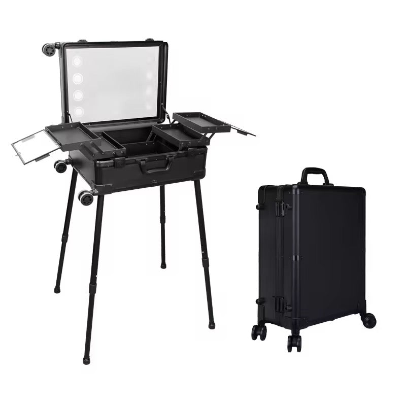 Makeup Trolley Case with LED Lights, Mirror & Adjustable Legs | Portable Vanity Station for Makeup Artists