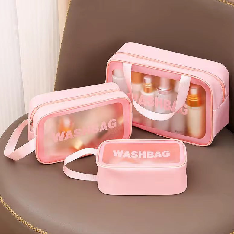 Transparent Pink Travel Wash Bag β Set of 3