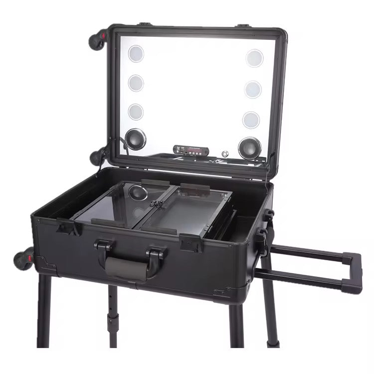 Makeup Trolley Case with LED Lights, Mirror & Adjustable Legs | Portable Vanity Station for Makeup Artists