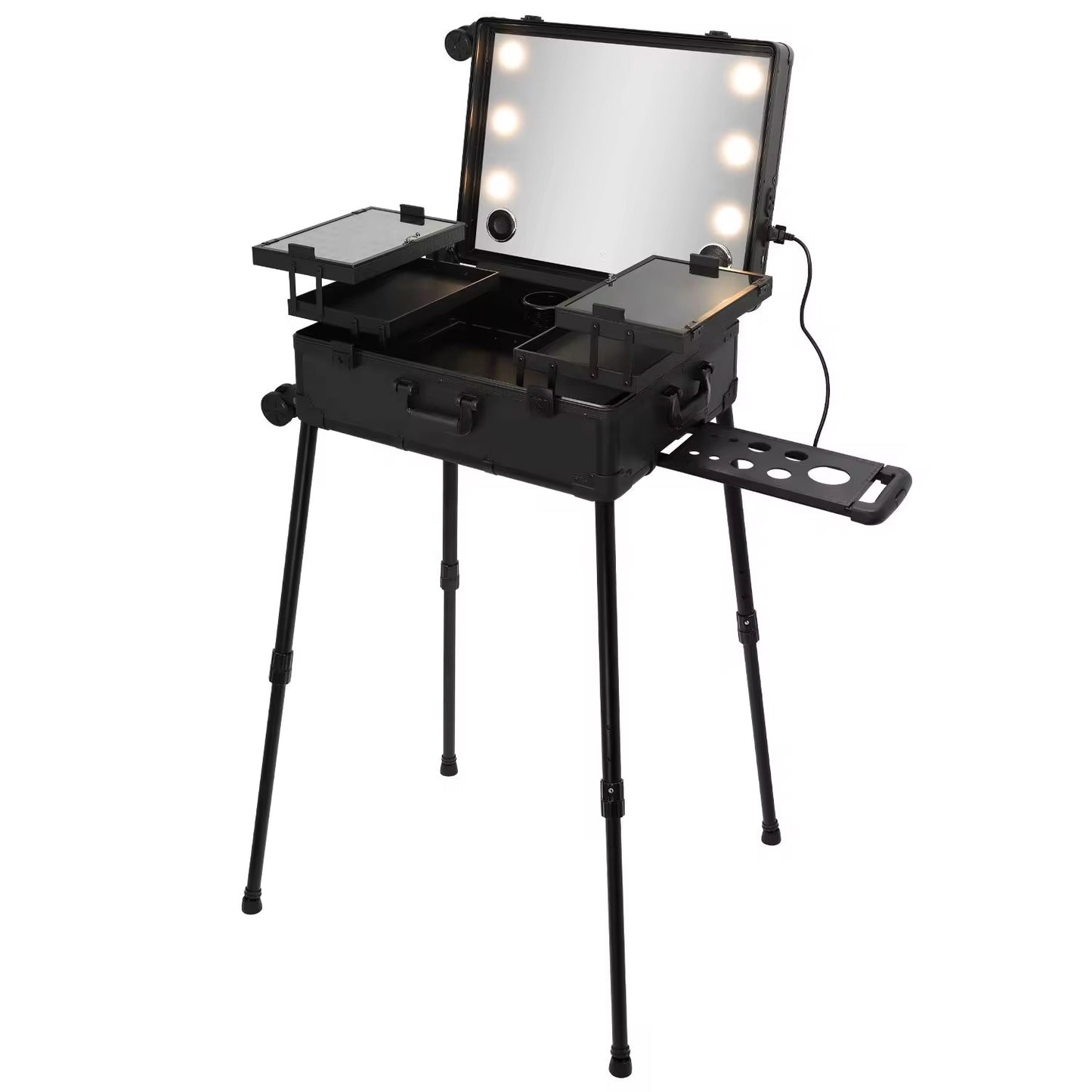 Makeup Trolley Case with LED Lights, Mirror & Adjustable Legs | Portable Vanity Station for Makeup Artists