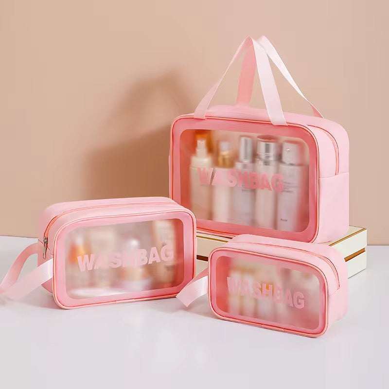 Transparent Pink Travel Wash Bag β Set of 3