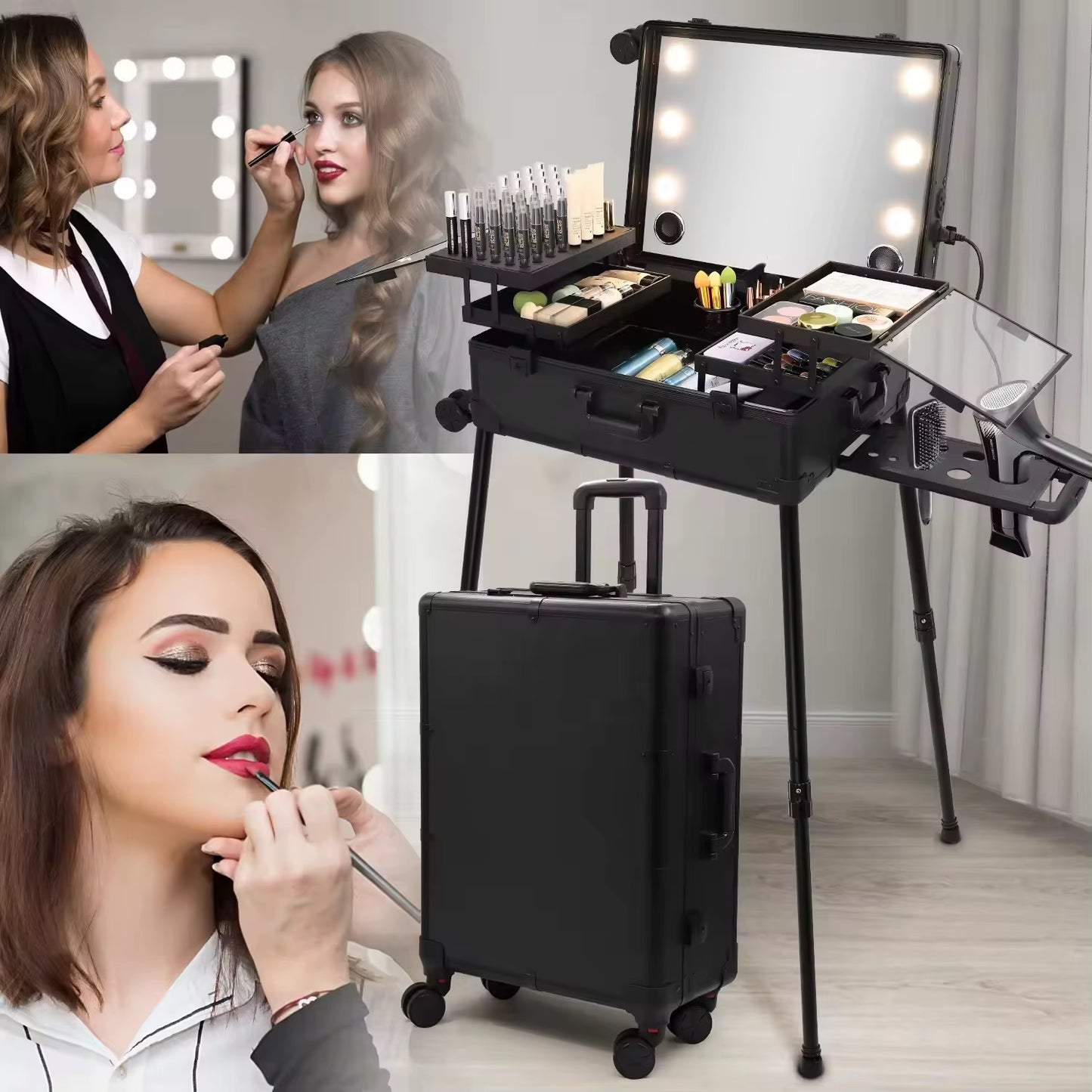 Makeup Trolley Case with LED Lights, Mirror & Adjustable Legs | Portable Vanity Station for Makeup Artists