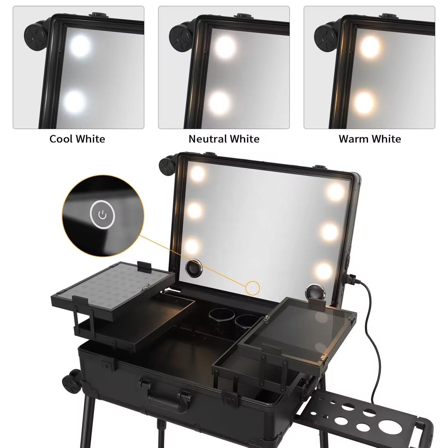 Makeup Trolley Case with LED Lights, Mirror & Adjustable Legs | Portable Vanity Station for Makeup Artists