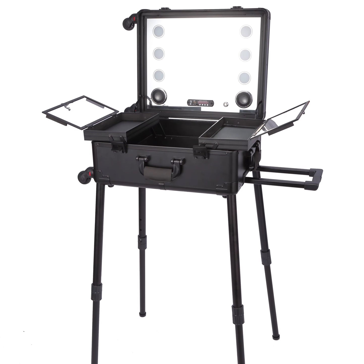 Makeup Trolley Case with LED Lights, Mirror & Adjustable Legs | Portable Vanity Station for Makeup Artists