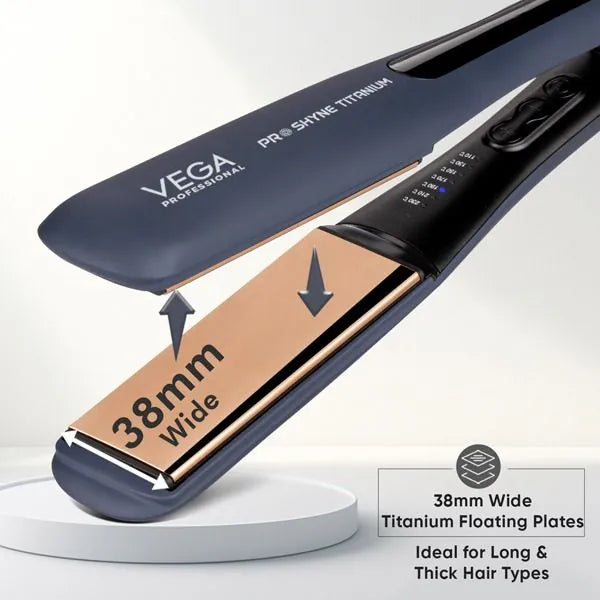 Vega Professional Pro-Shyne Titanium Hair Straightener with 38mm wide Rose Gold Titanium Floating Plates for Enhanced Shine - VPPHS-14