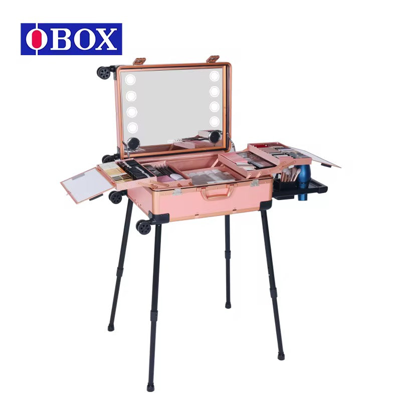 Makeup Trolley Case with LED Lights, Mirror & Adjustable Legs | Portable Vanity Station for Makeup Artists
