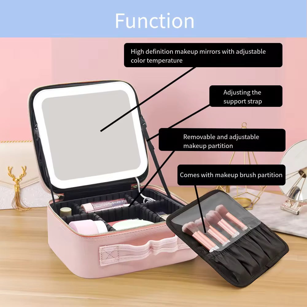 LED Makeup Organizer Case with Adjustable Dividers Mirror