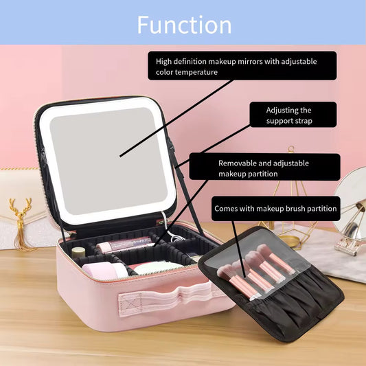 LED Makeup Organizer Case with Adjustable Dividers & Mirror