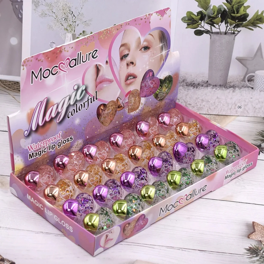 Moisturizing and Hydrating Lip Gloss (Wholesale pack of 24pcs )Tint for Dry and Chapped Lips in Cute Heart-shaped Packaging- Multicolour Metallic-Finished Packaging