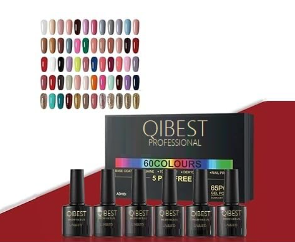 QIBEST 60PCS Gel Nail Polish Set with Base Glossy Matte and Glitter Top Coat Gel Polish - FREE UV LAMP