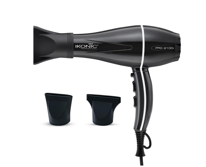 Ikonic Pro 2100+ Hair Dryer 2000W, Black, 3 heat and 2 speed settings, Cool Shot, Low Noise Function Interchangeable Nozzles, Professional Styling, For Women and Men, All Hair Type