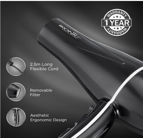 Ikonic Pro 2100+ Hair Dryer 2000W, Black, 3 heat and 2 speed settings, Cool Shot, Low Noise Function Interchangeable Nozzles, Professional Styling, For Women and Men, All Hair Type