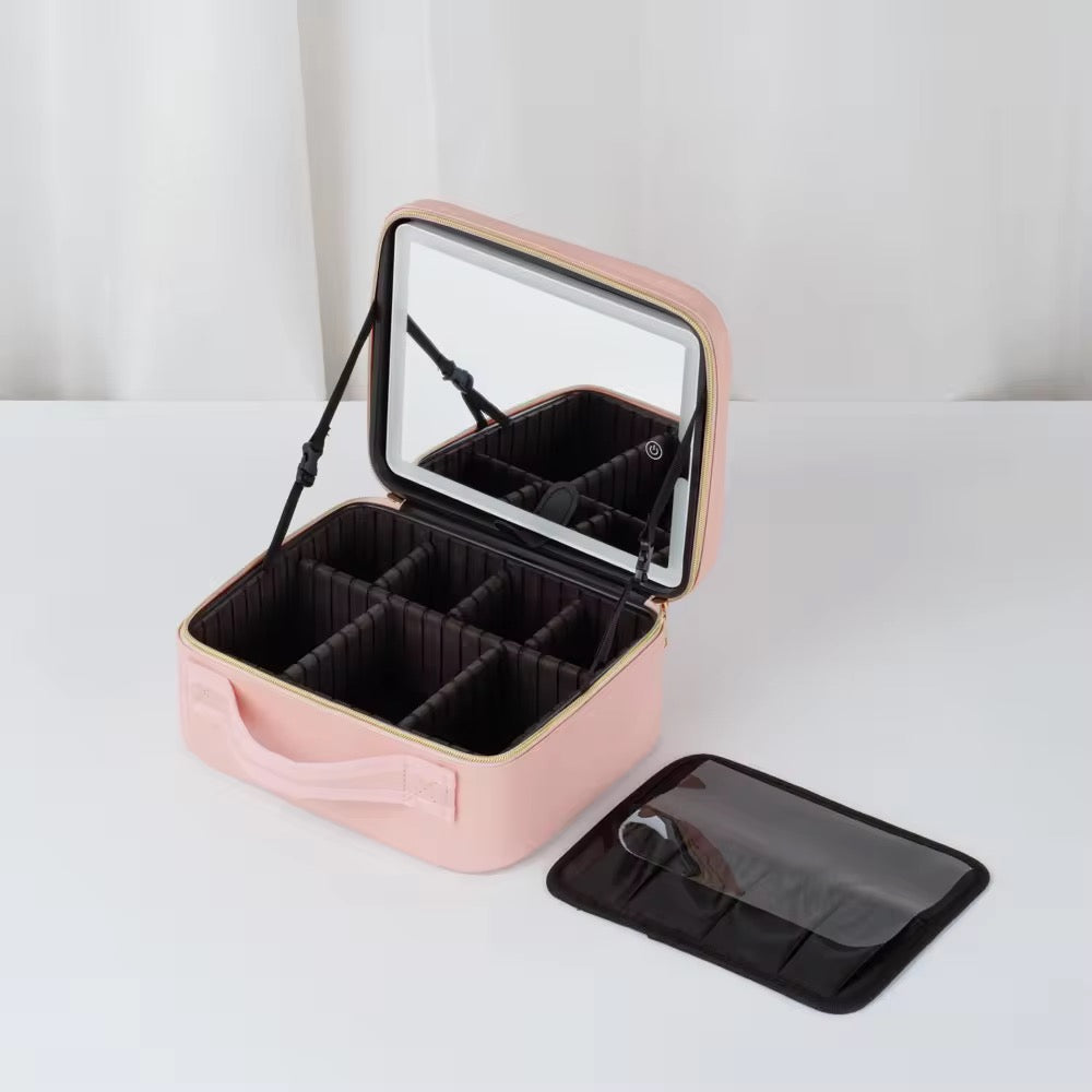 TRAVEL VANITY LED Makeup Organizer Case with Adjustable Dividers & Mirror new