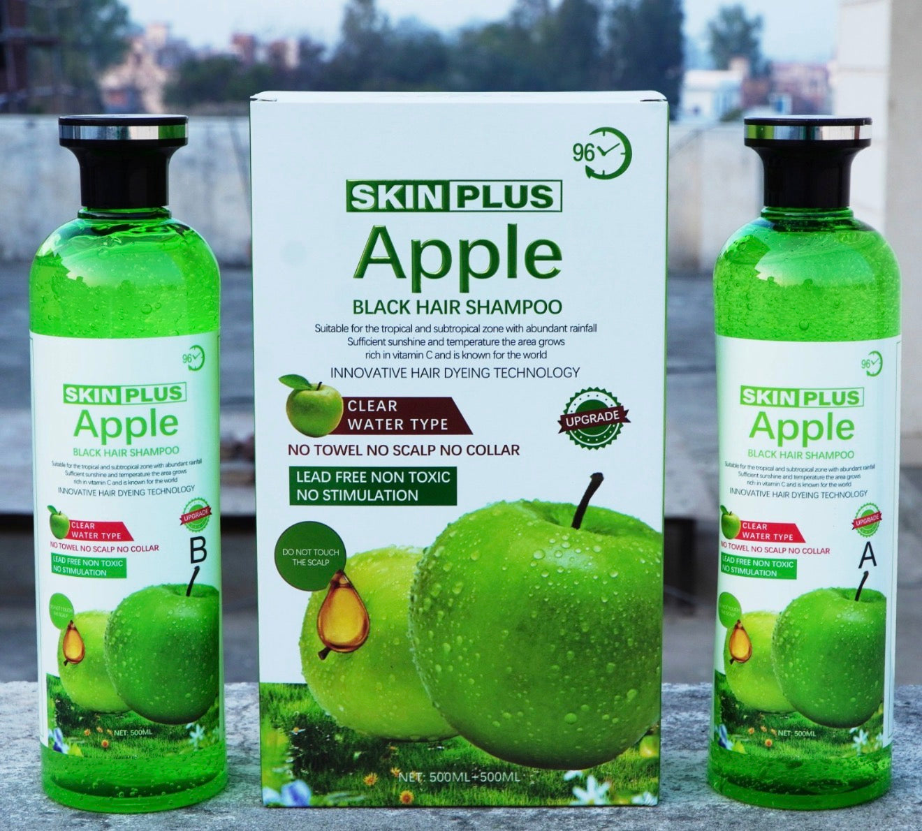 SKIN PLUS Apple Black Hair Shampoo (A+B Set) – Latest Clear Water Technology | No Skin • No Collar • No Towel Stains | Best Instant Grey Coverage 500ml+500ml