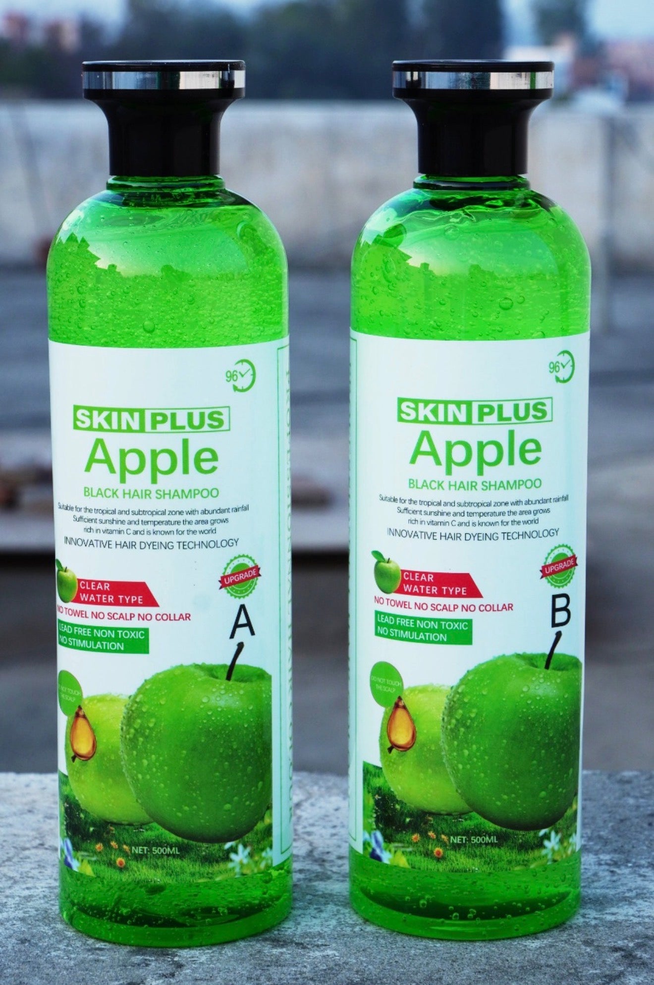 SKIN PLUS Apple Black Hair Shampoo (A+B Set) – Latest Clear Water Technology | No Skin • No Collar • No Towel Stains | Best Instant Grey Coverage 500ml+500ml