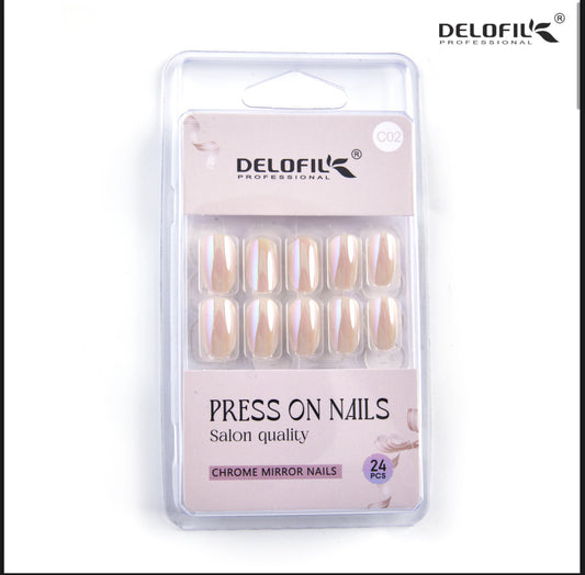 Delofil Premium Chrome Nails (Salon Like Nails) 24 Nails in box | Nail Buffer |Glue tabs Included - C02