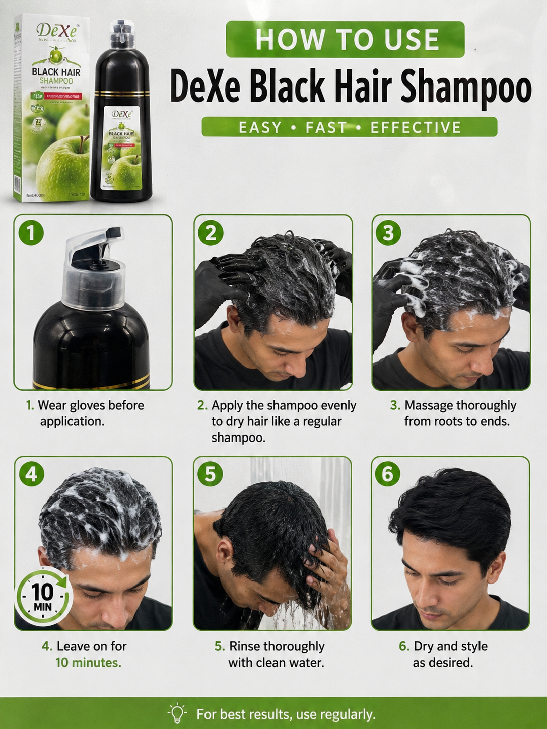 DeXe Black Hair Shampoo – Apple Water Type | Ammonia-Free Instant Hair Color Shampoo | 400ml