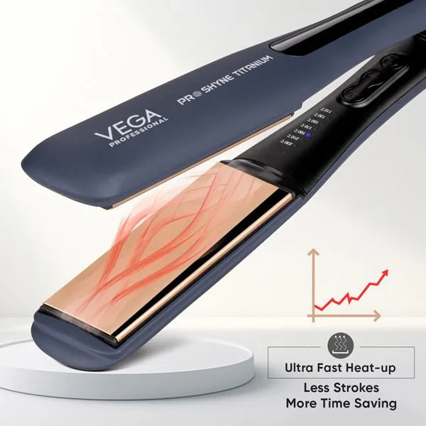 Vega Professional Pro-Shyne Titanium Hair Straightener with 38mm wide Rose Gold Titanium Floating Plates for Enhanced Shine - VPPHS-14