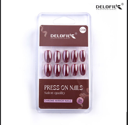 Delofil Premium Chrome Nails (Salon Like Nails) 24 Nails in box | Nail Buffer |Glue tabs Included - C08