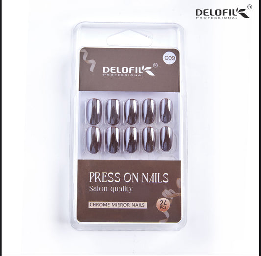 Delofil Premium Chrome Nails (Salon Like Nails) 24 Nails in box | Nail Buffer |Glue tabs Included - C09