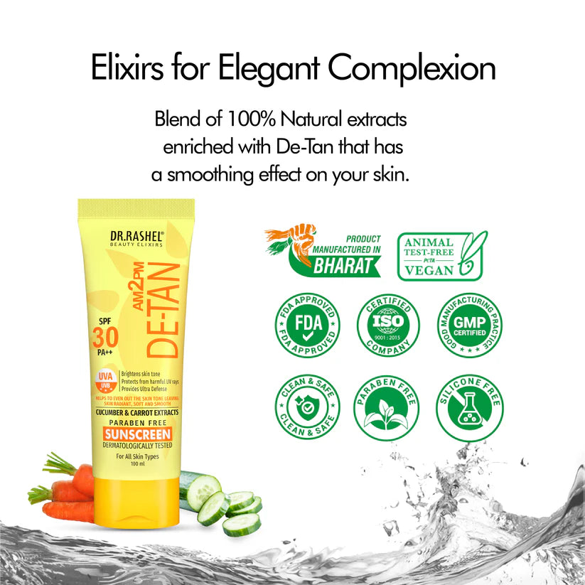 Dr. Rashel AM2PM De-Tan Sunscreen SPF 30 PA++ – Cucumber & Carrot Extracts, Paraben Free | 100ml