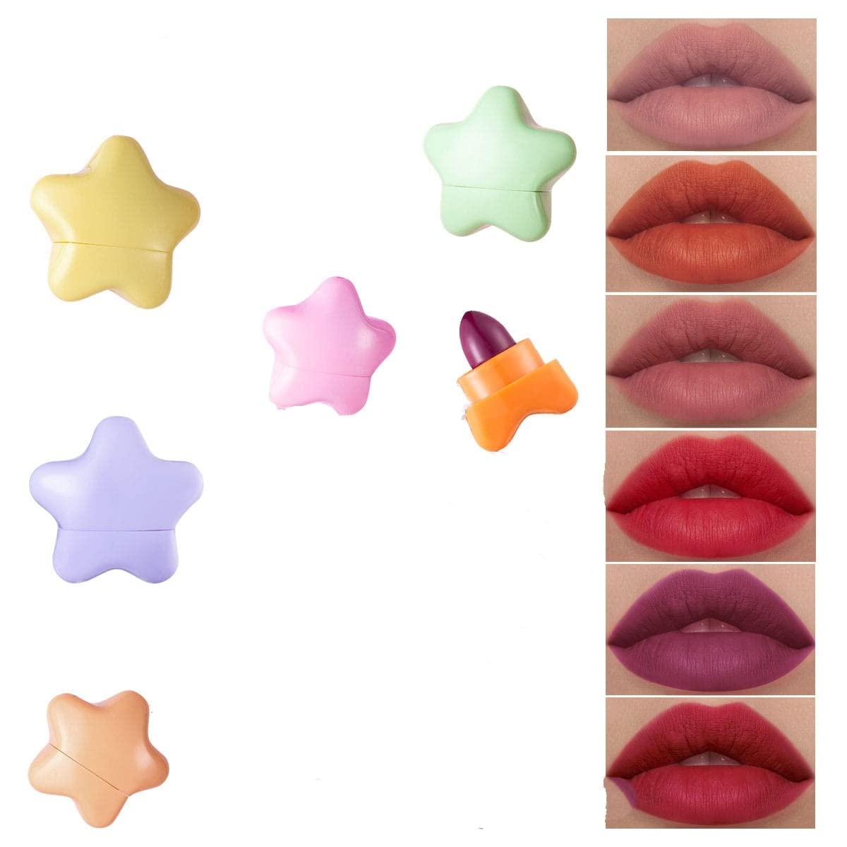 Nonstick 6 Colors Mini Star Matte Lipstick Matte Velvet Cute Lipstick Makeup Gift Set for Women and Girls.