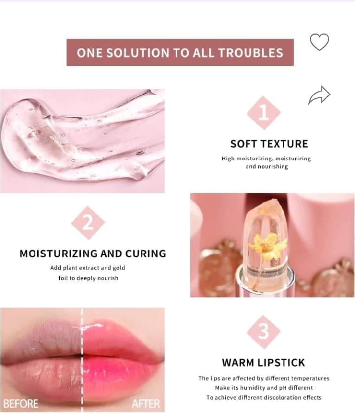 1PC Waterproof Flower Lipstick High-Glossy Finish Jelly Flower Transparent Color Changing Lipstick Flower Jelly Lipstick