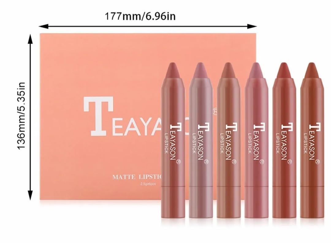 Long Lasting Matte Lipstick Set, 6 TEAYASON Colors Matte Lipstick | Waterproof Non-stick Cup Nude Color Lip Makeup Gift Set for Girls and Women (A)