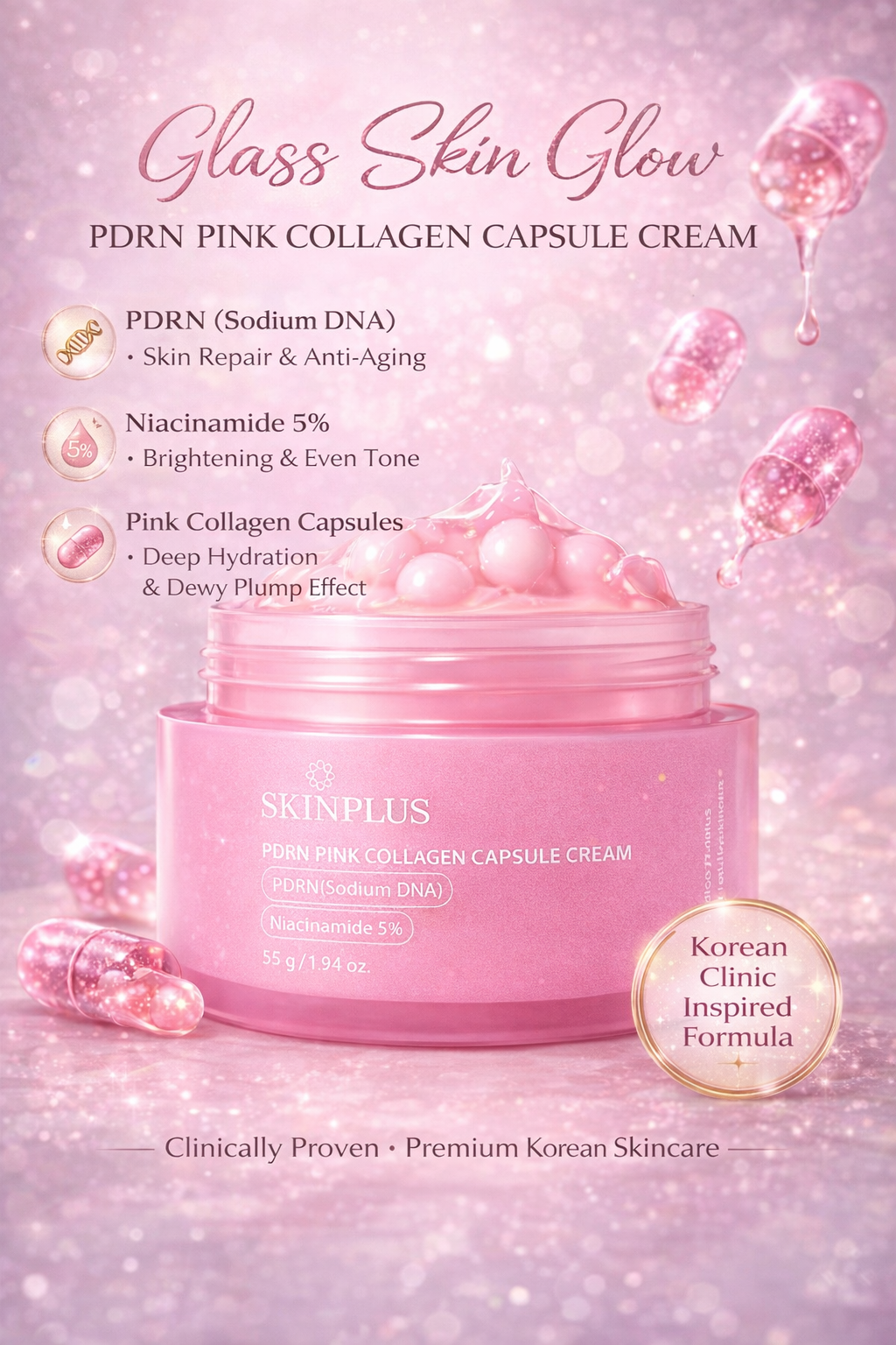 Skinplus PDRN Pink Collagen Capsule Cream – Glass Skin Repair Formula (Niacinamide 5%) Repair. Brighten. Plump.
All-in-One Korean Inspired Glow Cream. EARLY BIRD 🦅