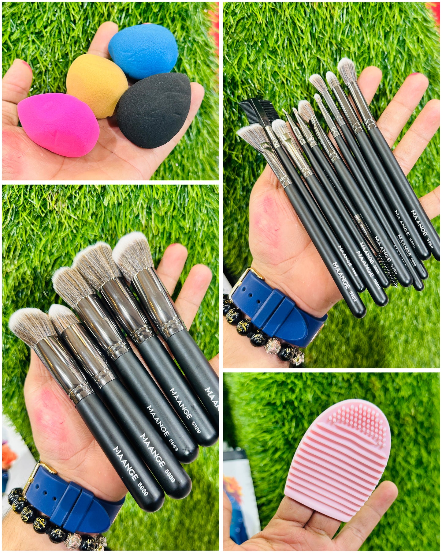 Maange 15pcs Professional Brushes + 4 Beauty Blenders + 1 Brush Cleaner