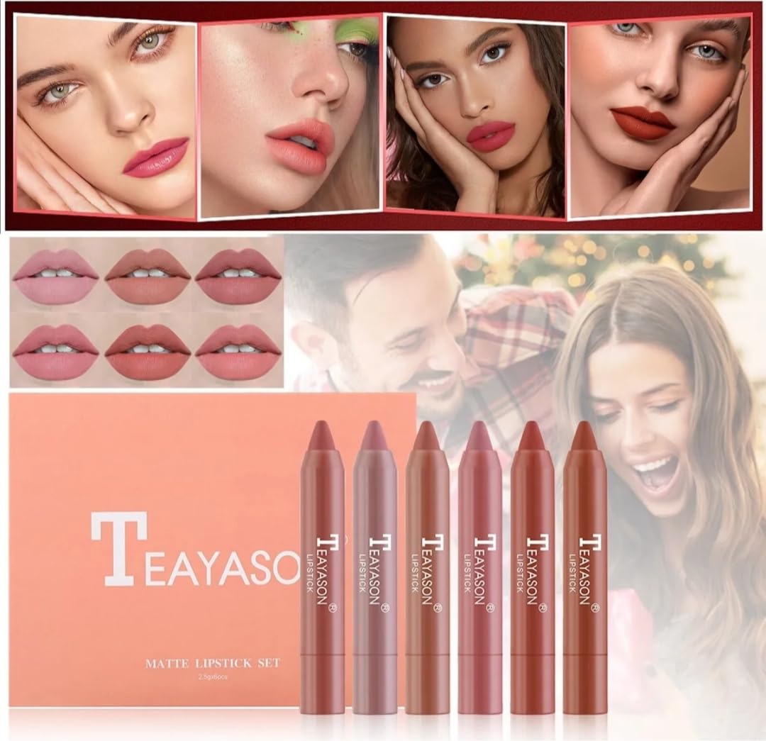 Long Lasting Matte Lipstick Set, 6 TEAYASON Colors Matte Lipstick | Waterproof Non-stick Cup Nude Color Lip Makeup Gift Set for Girls and Women (A)