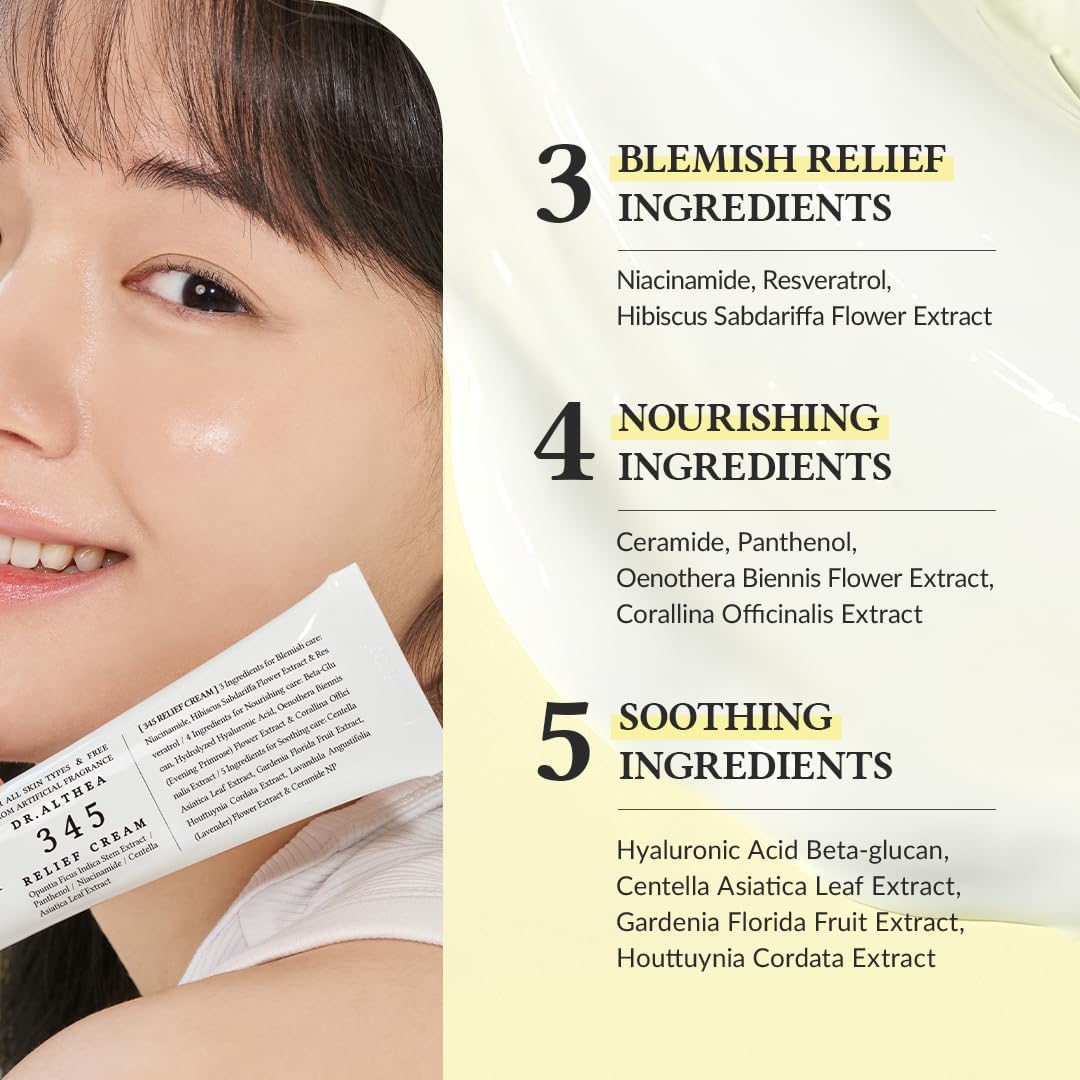 Dr.Althea 345 Relief Cream Face Moisturizer Korean Intensive Repair and Soothing Acne, Oily, Sensitive Skin Cream with Niacinamide, Panthenol for All Skin Types, (50ml)
