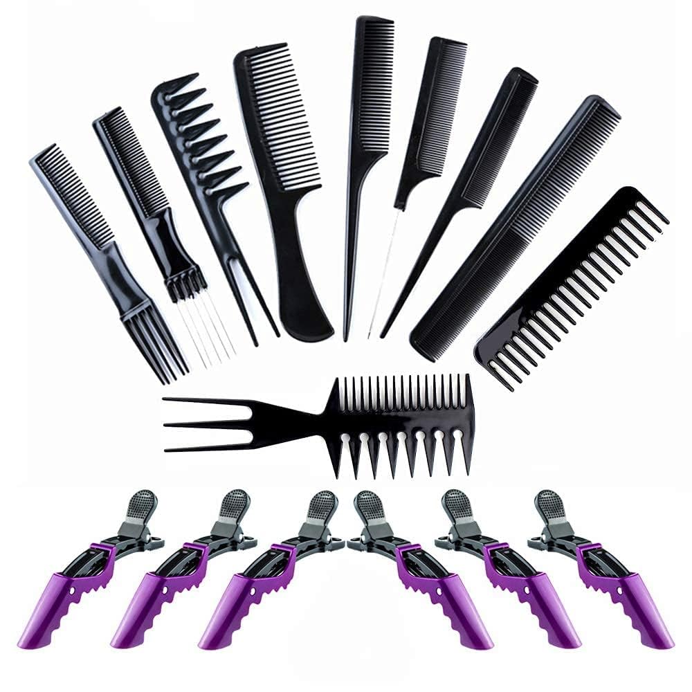 Professional Hair Styling Comb Set with Sectioning Clips – 16-Piece Barber & Salon Comb Kit for Cutting, Styling, Parting & Detangling – Heat-Resistant Combs + 6 Alligator Hair Clips for Women & Men