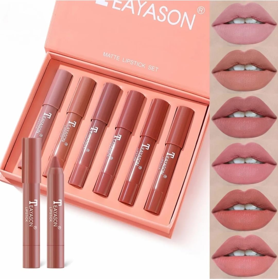 Long Lasting Matte Lipstick Set, 6 TEAYASON Colors Matte Lipstick | Waterproof Non-stick Cup Nude Color Lip Makeup Gift Set for Girls and Women (A)