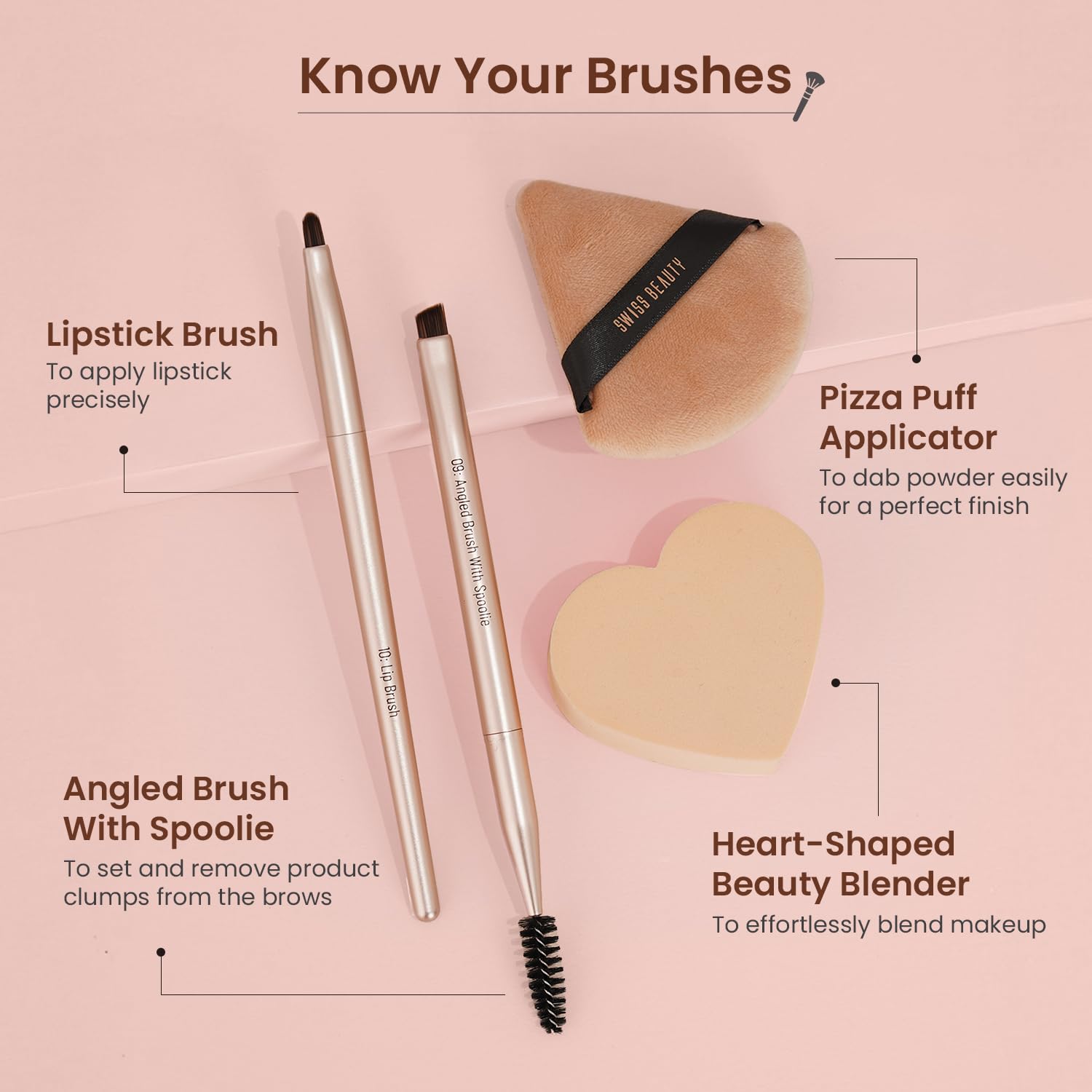 Swiss Beauty Heartistry Makeup Brush Set | 12 Pieces | For Face, Eyes & Lips | Soft Synthetic Bristles | Multi-Functional | Flawless Blending | PETA Certified | 12 Pcs