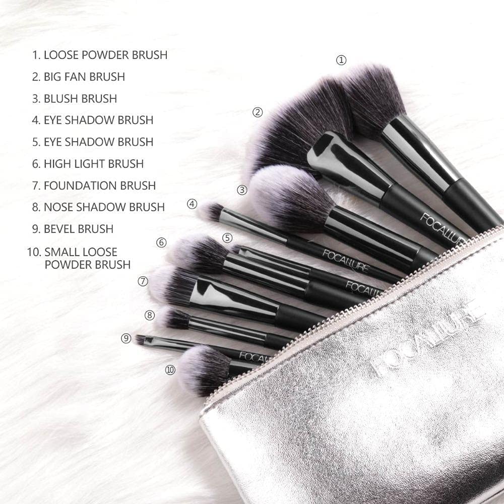 FOCALLURE Beauty Professional 10 Pcs Brush Set for Makeup Kit for Girls/Women with Bag