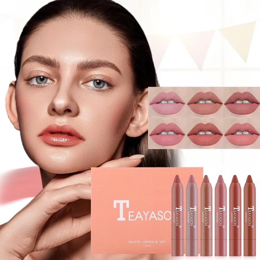 Long Lasting Matte Lipstick Set, 6 TEAYASON Colors Matte Lipstick | Waterproof Non-stick Cup Nude Color Lip Makeup Gift Set for Girls and Women (A)