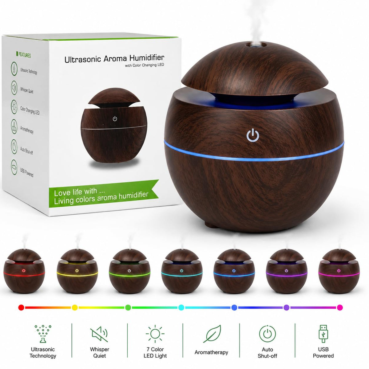 Wooden Ultrasonic Aroma Humidifier with 7 Color LED Light | USB Powered