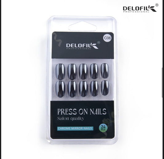 Delofil Premium Chrome Nails (Salon Like Nails) 24 Nails in box | Nail Buffer |Glue tabs Included - C06