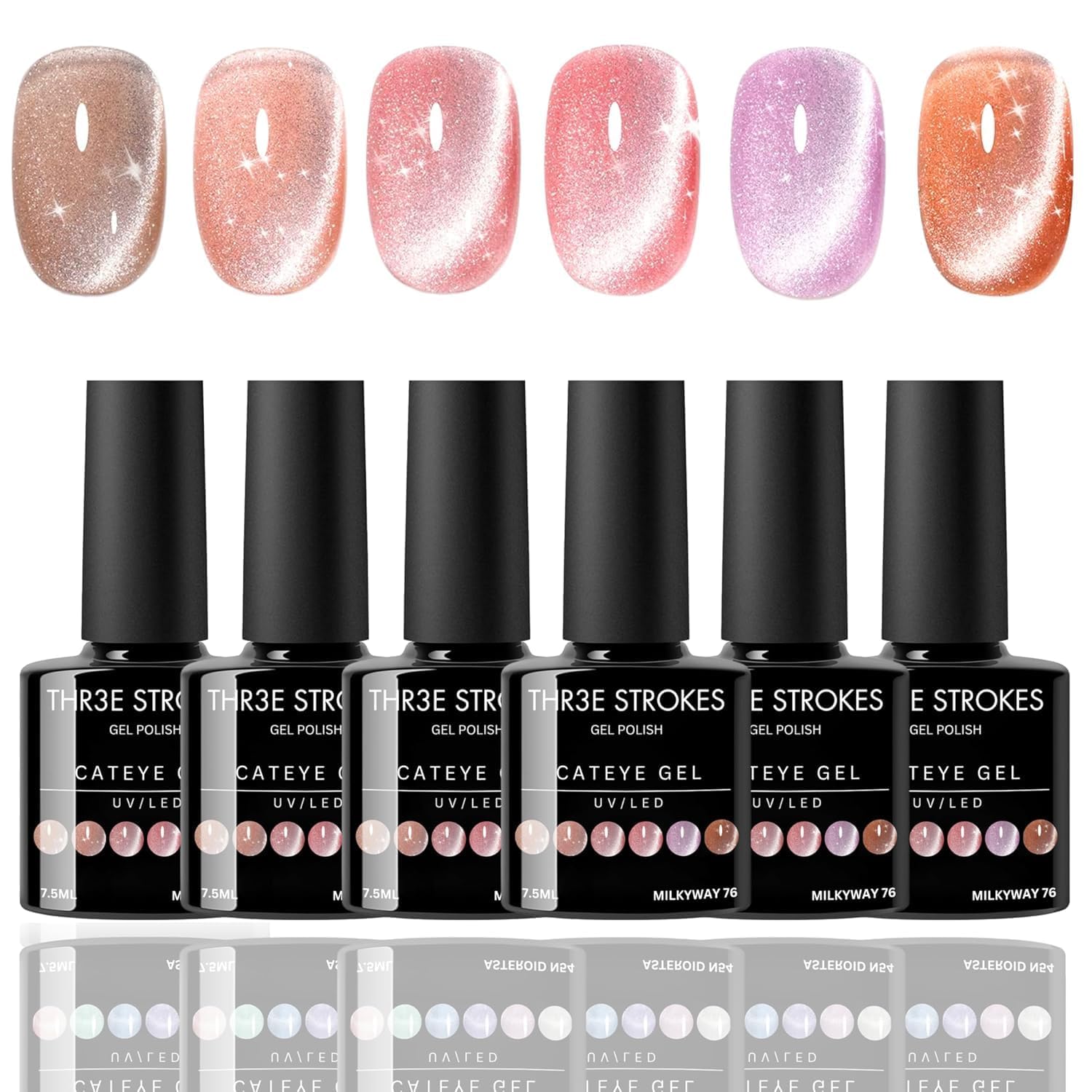 THR3E STROKES Gel Nail Polish Set - 6 Colors Nude, Pink, Brown Gel Polish Kit (Uv/Led Lamp Required) - 7.5 Milliliters (MILKYWAY 76, 7.5ML)
