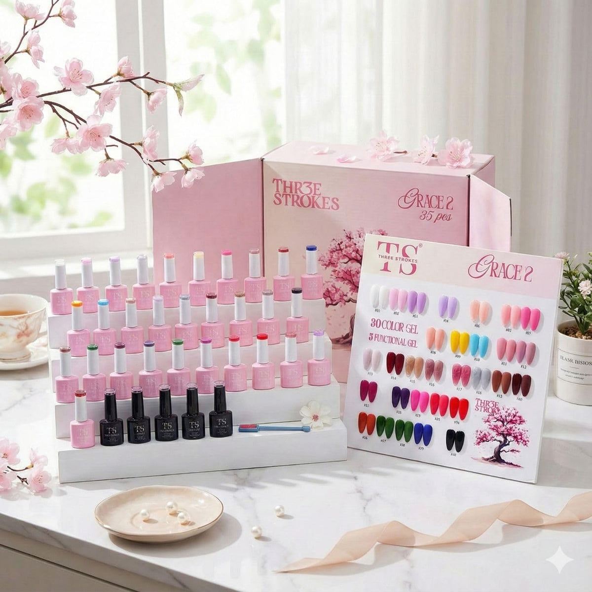 GV871 THREE STROKES Grace 2 Gel Nail Polish Kit – 35 Pcs Set (30 Trendy Colors + 5 Functional Gels) | Includes Base, Top, Matte, Primer & Reinforce Gel | Professional Soak Off UV/LED Nail Art Gift Box with Magnet Stick | 10ml each