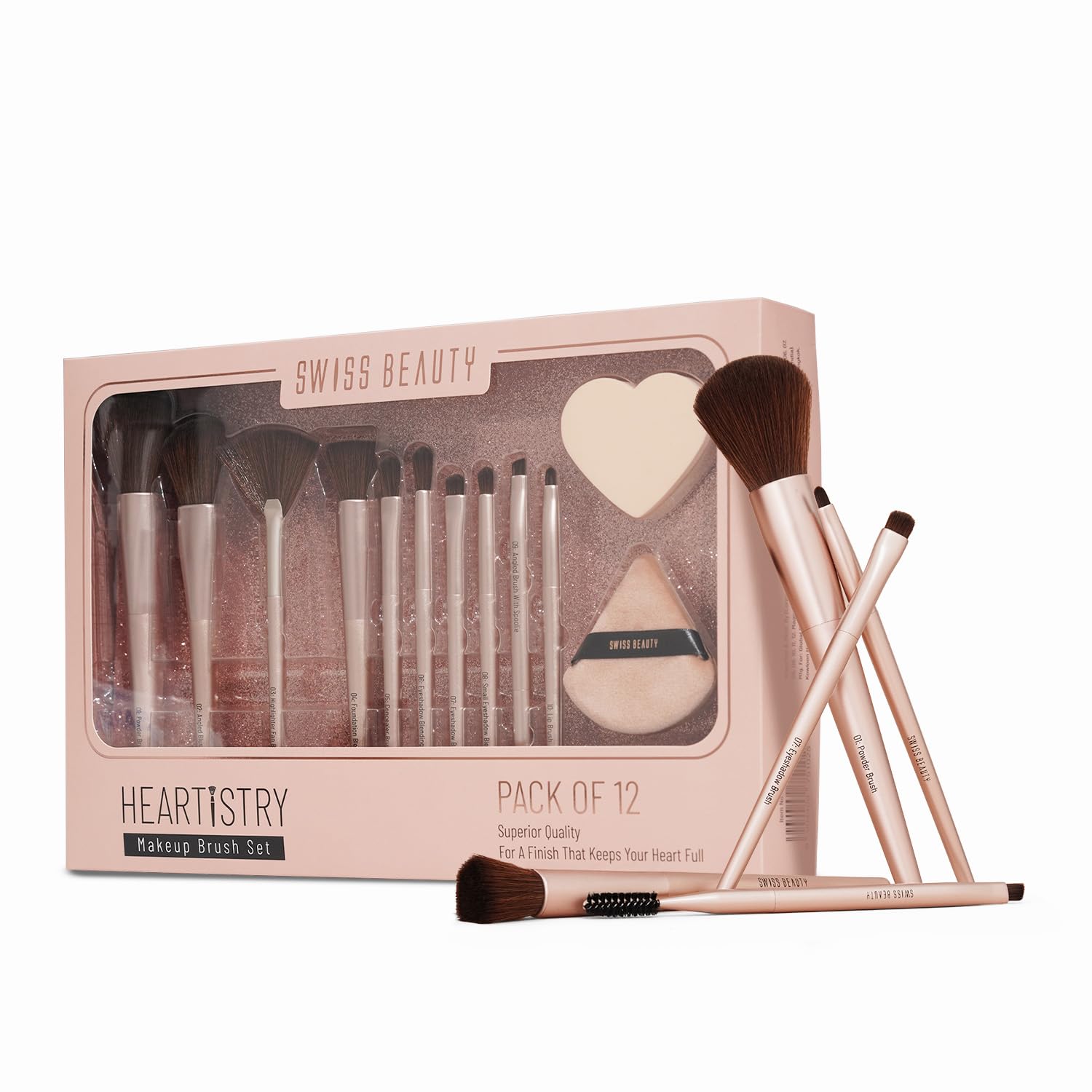 Swiss Beauty Heartistry Makeup Brush Set | 12 Pieces | For Face, Eyes & Lips | Soft Synthetic Bristles | Multi-Functional | Flawless Blending | PETA Certified | 12 Pcs