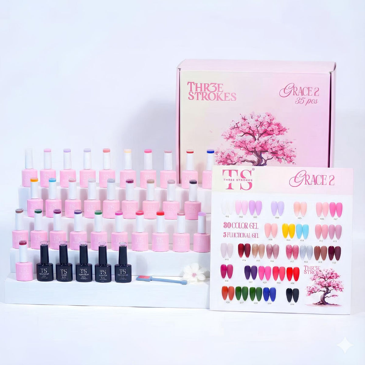 GV871 THREE STROKES Grace 2 Gel Nail Polish Kit – 35 Pcs Set (30 Trendy Colors + 5 Functional Gels) | Includes Base, Top, Matte, Primer & Reinforce Gel | Professional Soak Off UV/LED Nail Art Gift Box with Magnet Stick | 10ml each